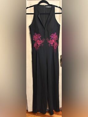 Little Mistress Black Jumpsuit with Fuchsia Floral Embroidery